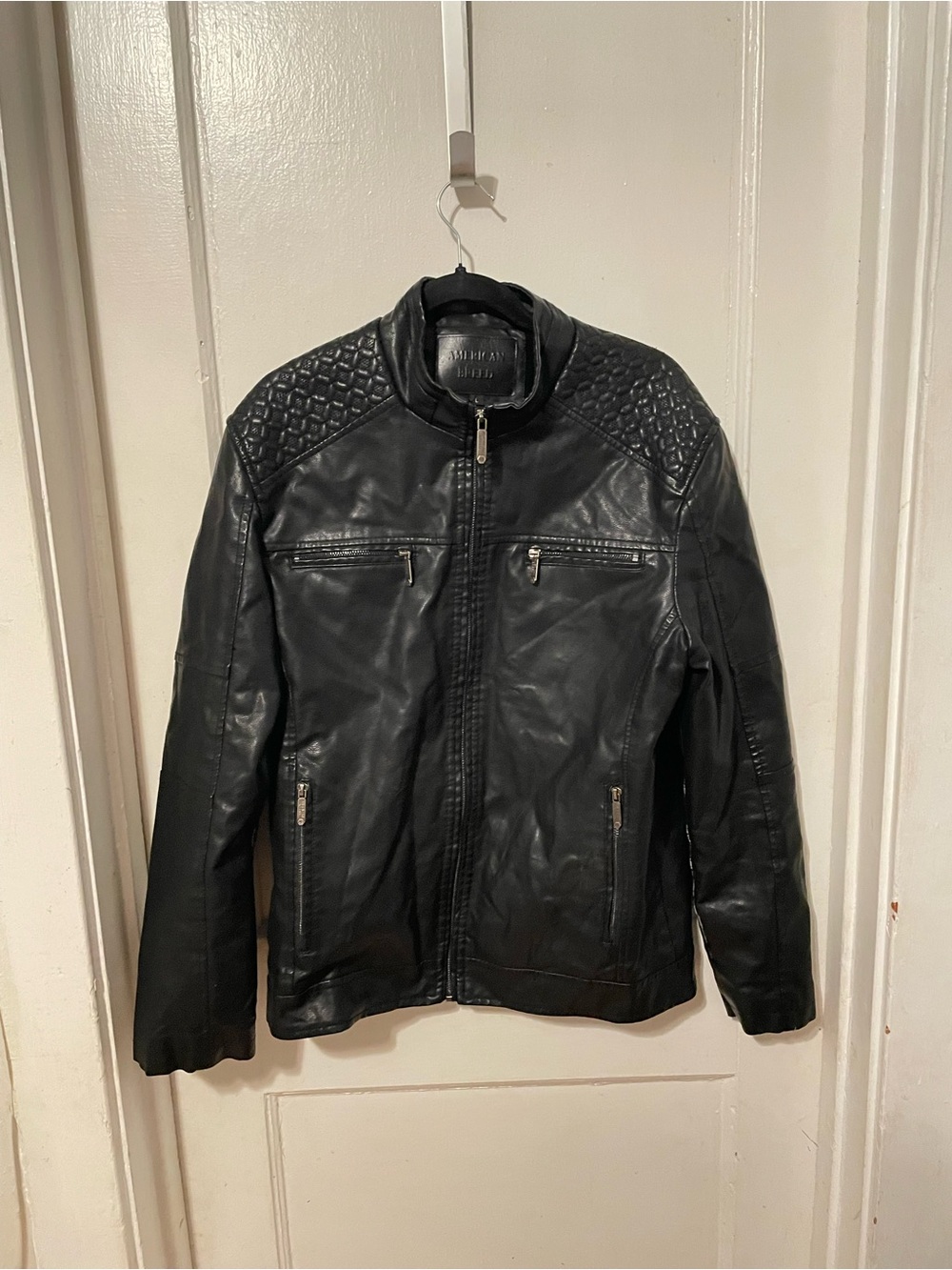 Men's Black Quilted Shoulder Faux Leather Bomber Jacket